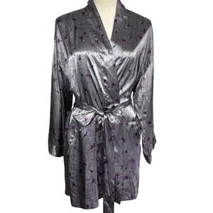 Victorias Secret Floral Satin Robe Waist Attached Belt One Size Purple